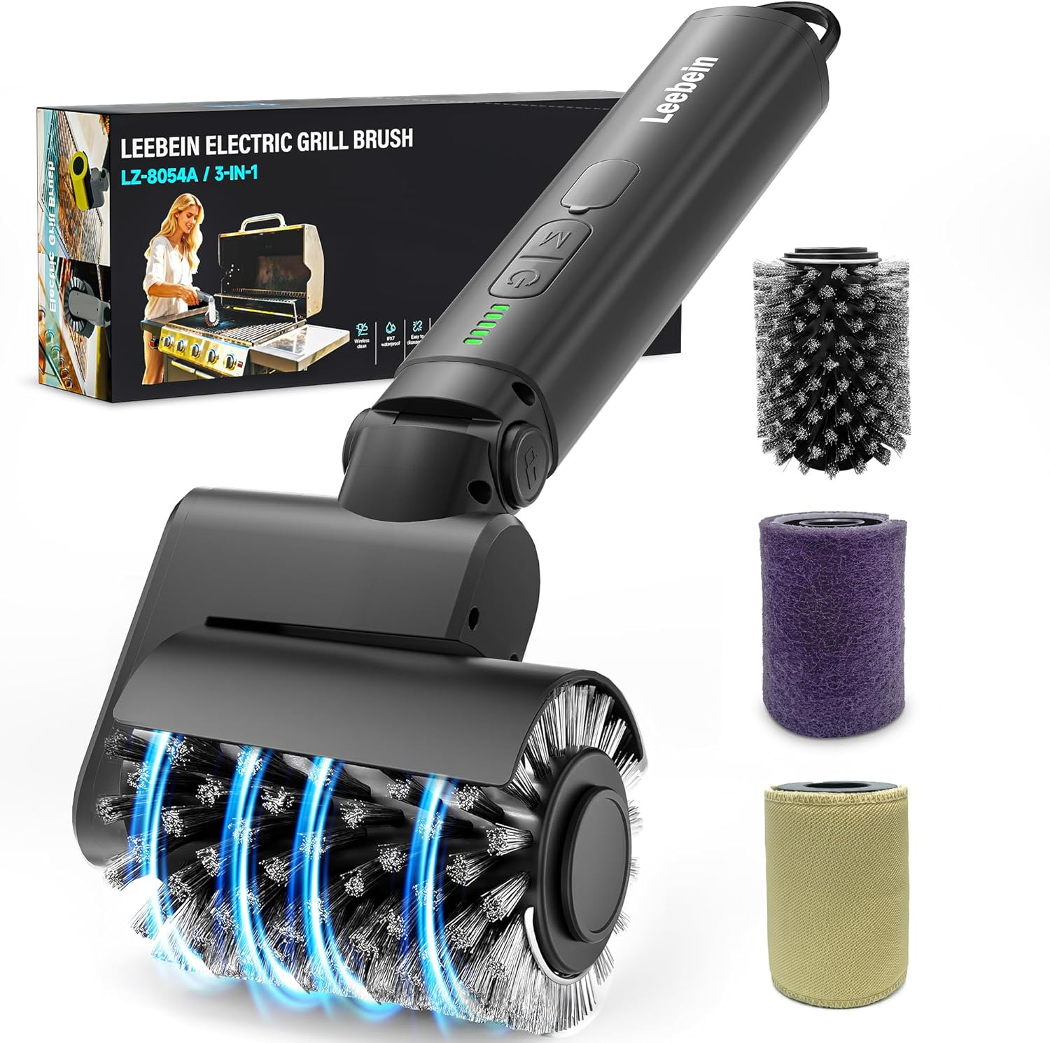 Leebein Electric Grill Brush for Outdoor, 2026 Upgraded BBQ Grill Cleaner with 3 Heads, 3-Speed & Angle Adjust Cordless Rotary Grill Brush, 150 Mins Runtime Grill Cleaning Brush for Barbecue Grates
