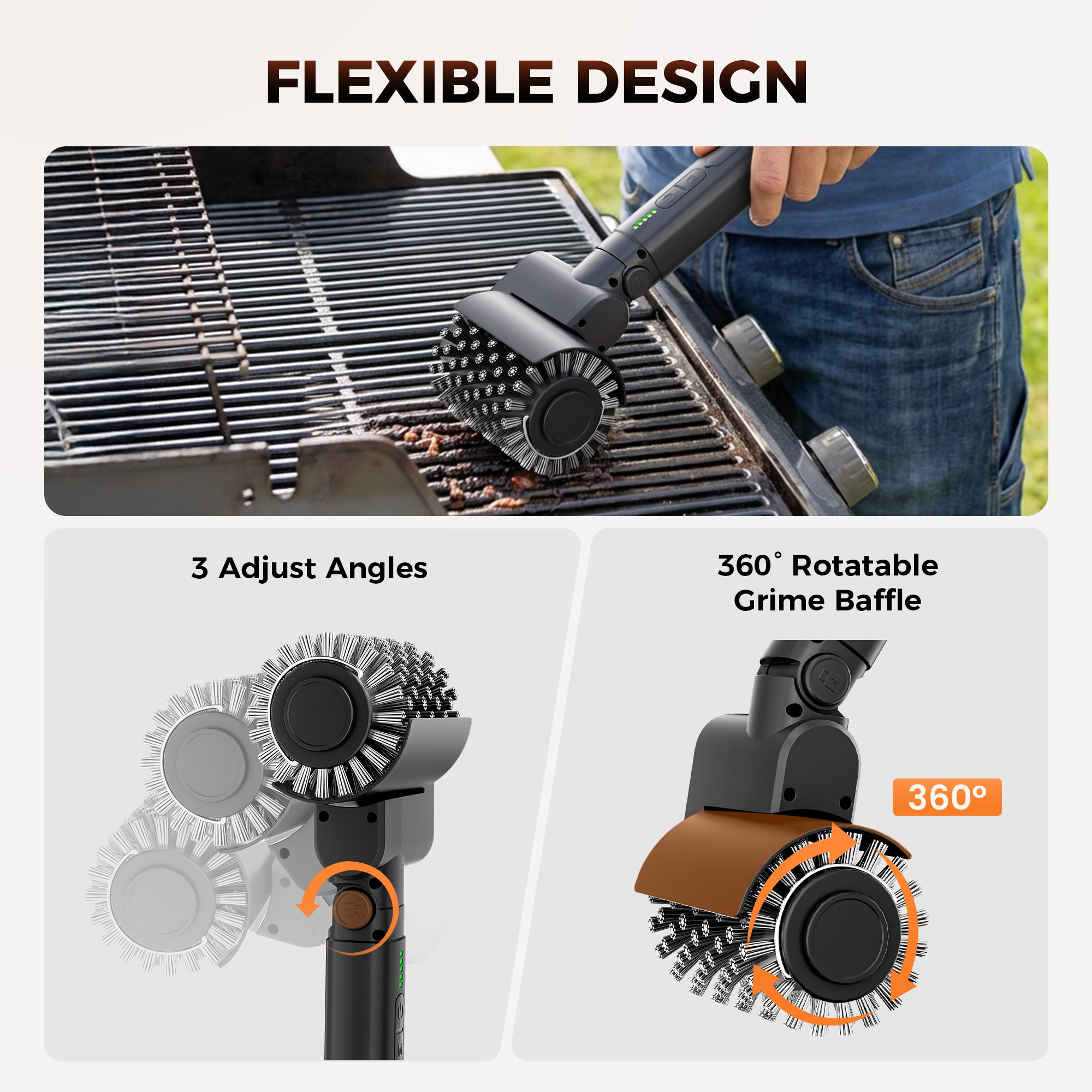 Leebein Electric Grill Brush for Outdoor, 2026 Upgraded BBQ Grill Cleaner with 3 Heads, 3-Speed & Angle Adjust Cordless Rotary Grill Brush, 150 Mins Runtime Grill Cleaning Brush for Barbecue Grates