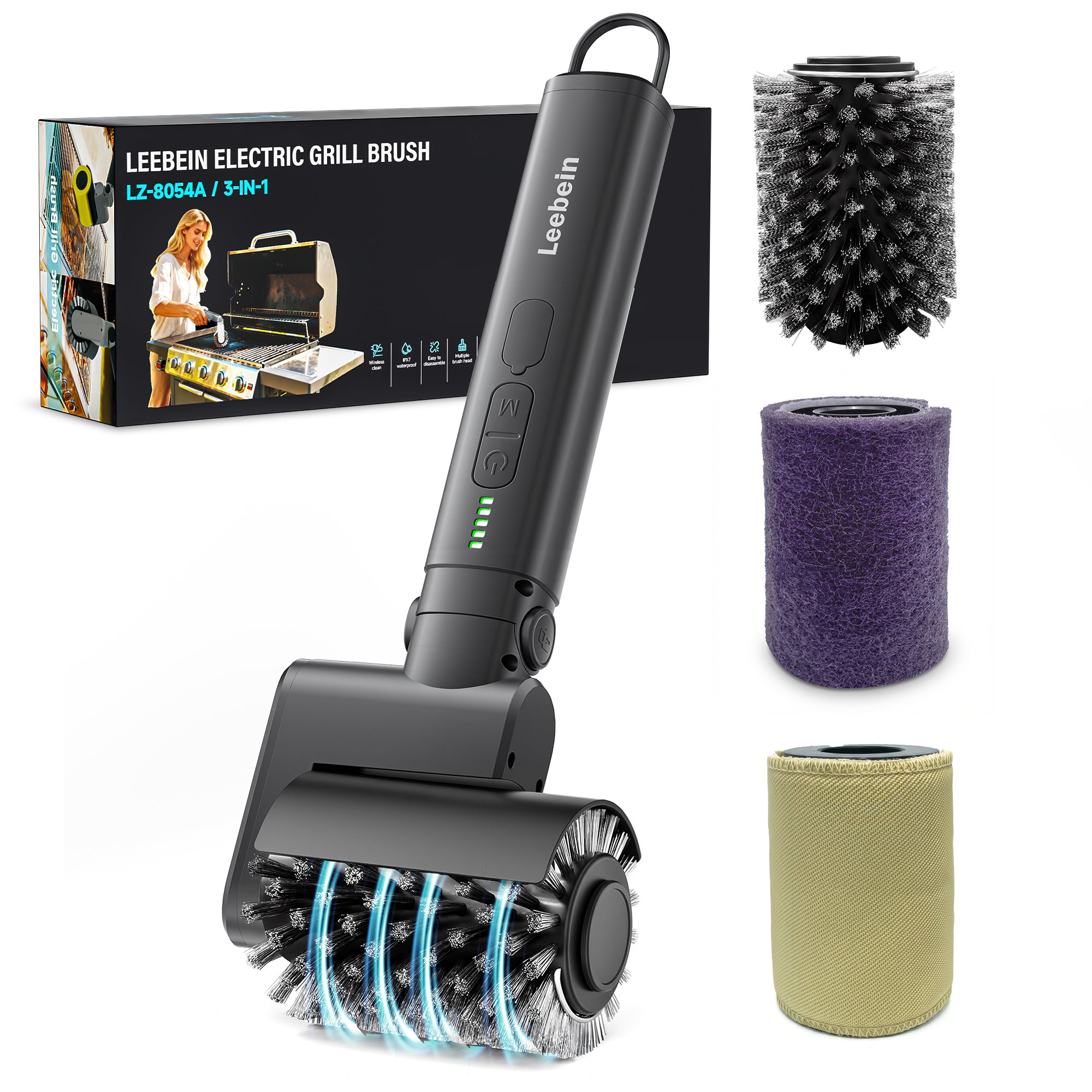 Leebein Electric Grill Brush for Outdoor, 2026 Upgraded BBQ Grill Cleaner with 3 Heads, 3-Speed & Angle Adjust Cordless Rotary Grill Brush, 150 Mins Runtime Grill Cleaning Brush for Barbecue Grates